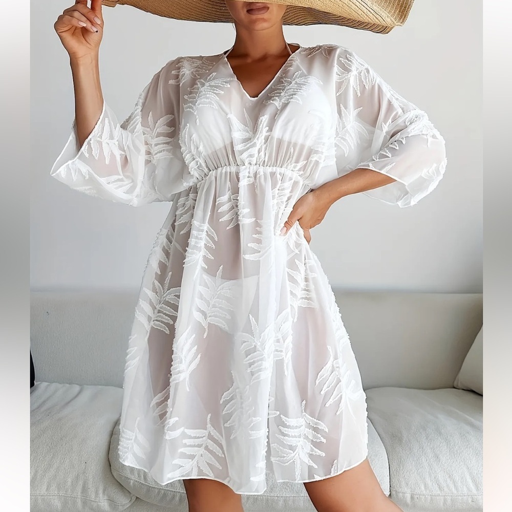 White Leaf Print Embroidered Beach Cover-Up Dress